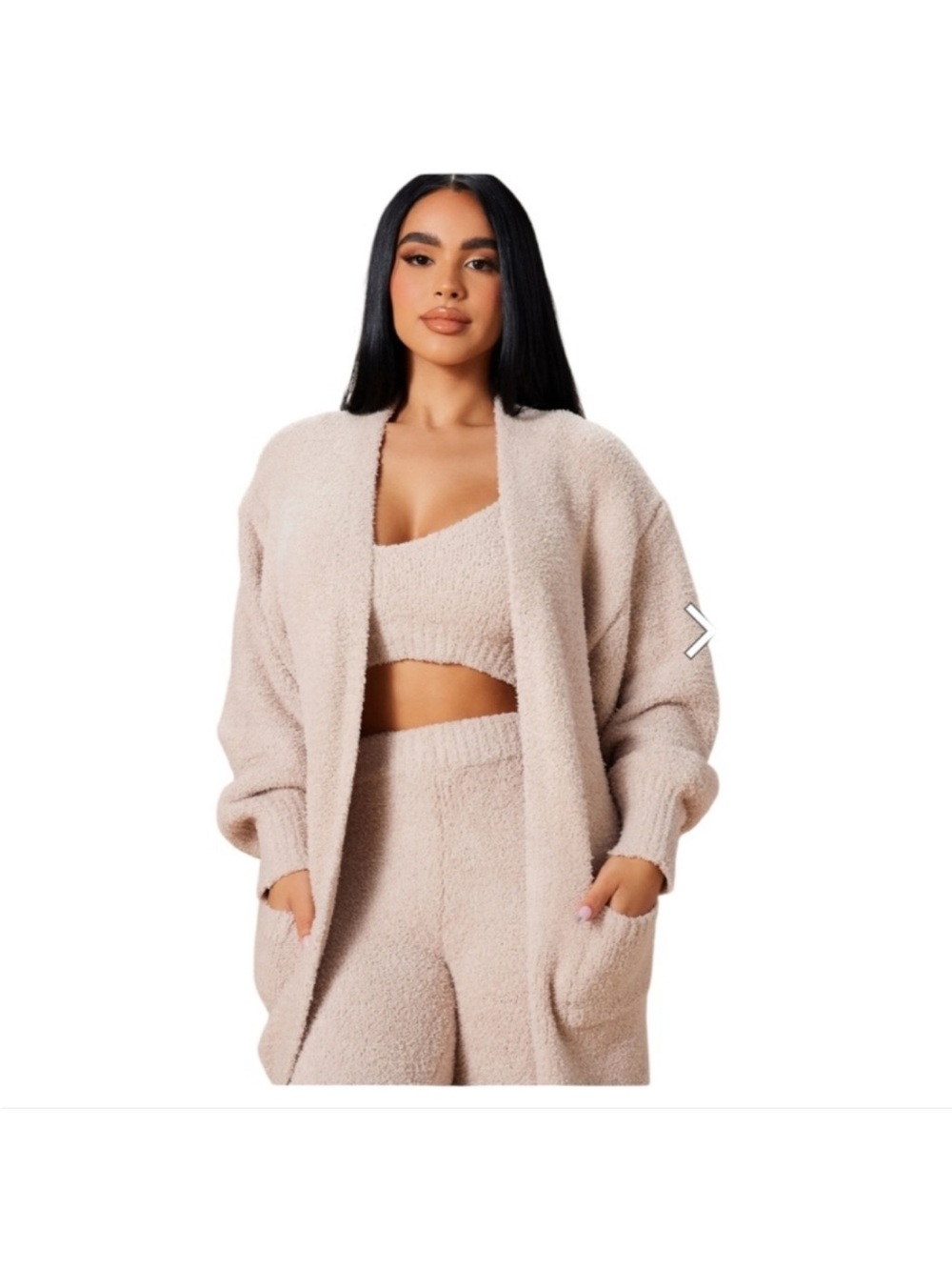 NWT Fashion Nova Living In It 3 Piece Legging Fuzzy Set Taupe